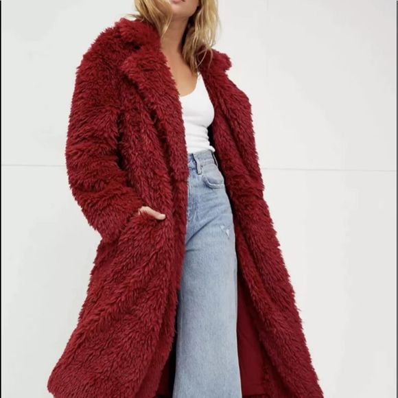 Free People Jackets & Blazers - Free People Evys Faux Fur Coat Maxi Teddy Shawl Collar Plush Lined Red
